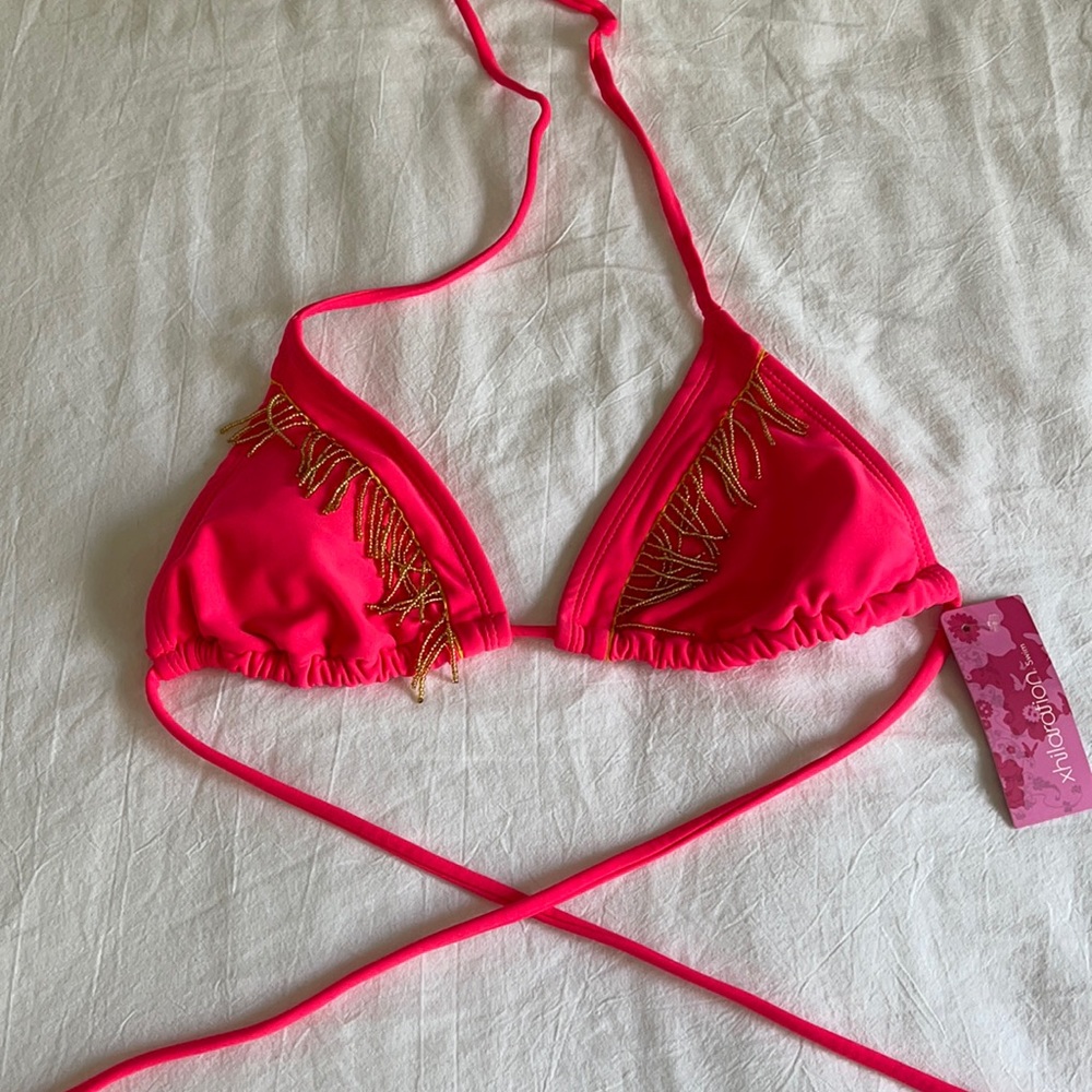 Xhilaration hot pink gold beaded fringe bikini top